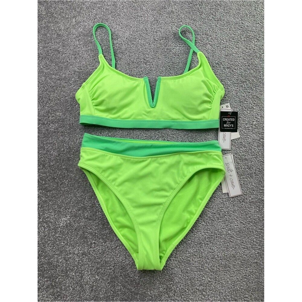 Salt + Cove Neon Lime Ribbed V-Notch Bikini Set